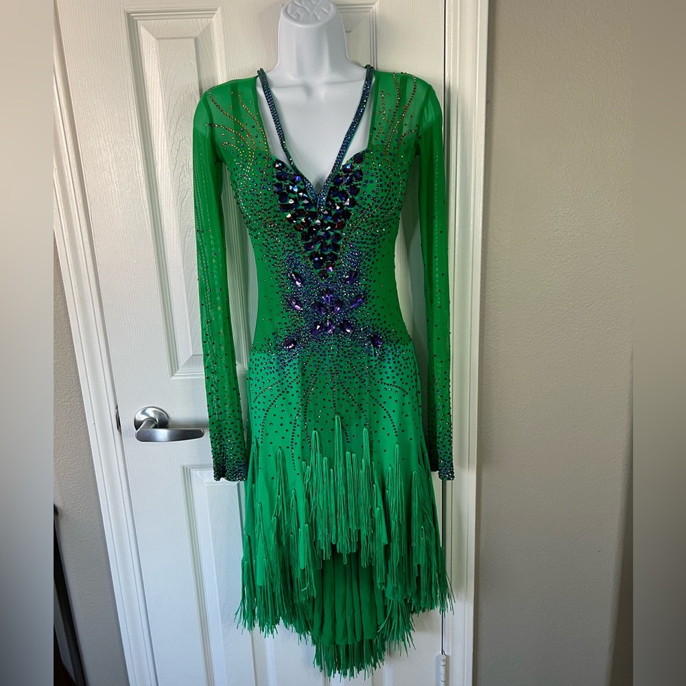 Designer Latin Dancesport Dress Long Sleeve Swarovski Stone Green & Purple Color - Picture 1 of 8